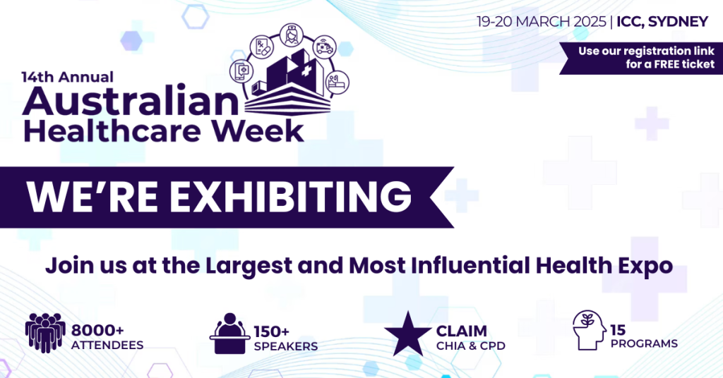 Promotional banner for the 14th Annual Australian Healthcare Week, taking place on 19–20 March 2025 at the ICC Sydney. The banner announces "WE'RE EXHIBITING" in bold purple text and invites attendees to join the largest and most influential health expo. Key highlights include over 8,000 attendees, 150+ speakers, CHIA & CPD claim opportunities, and 15 programs. The design features healthcare-themed icons and a modern, clean layout with shades of blue and purple.