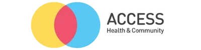Access Health & Community logo with overlapping yellow and blue circles forming a red centre, representing their partnership with WorkSafe Guardian for lone worker safety.