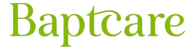 Baptcare logo in bright green serif text with a distinctive curved 't', showing their commitment to lone worker safety through WorkSafe Guardian.