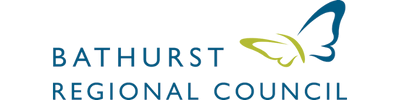 Bathurst Regional Council logo featuring a stylised two-tone butterfly in green and navy beside clean blue text, reflecting a commitment to lone worker safety.