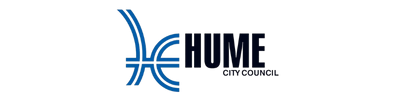 Hume City Council logo featuring a bold geometric blue emblem and strong black text, symbolising the council’s dedication to lone worker safety.