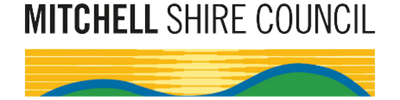 Mitchell Shire Council logo featuring bold black and grey text above a stylised landscape of golden fields, green hills, and a blue river.