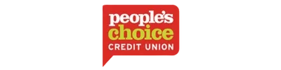 People's Choice Credit Union logo with bold red speech bubble and yellow text, highlighting their partnership with WorkSafe Guardian for lone worker safety.