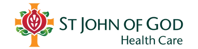 St John of God Health Care logo featuring a red heart-shaped emblem on a gold cross with green accents, representing their partnership with WorkSafe Guardian for lone worker safety.